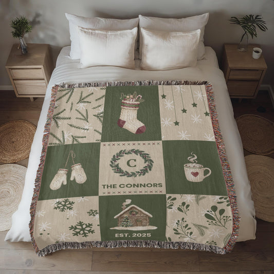Personalized Heirloom Woven Blanket | Custom Family Name Christmas Tapestry Vintage Watercolor Holiday Throw – Premium Cotton Keepsake Gift