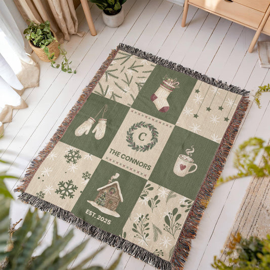Personalized Heirloom Woven Blanket | Custom Family Name Christmas Tapestry Vintage Watercolor Holiday Throw – Premium Cotton Keepsake Gift