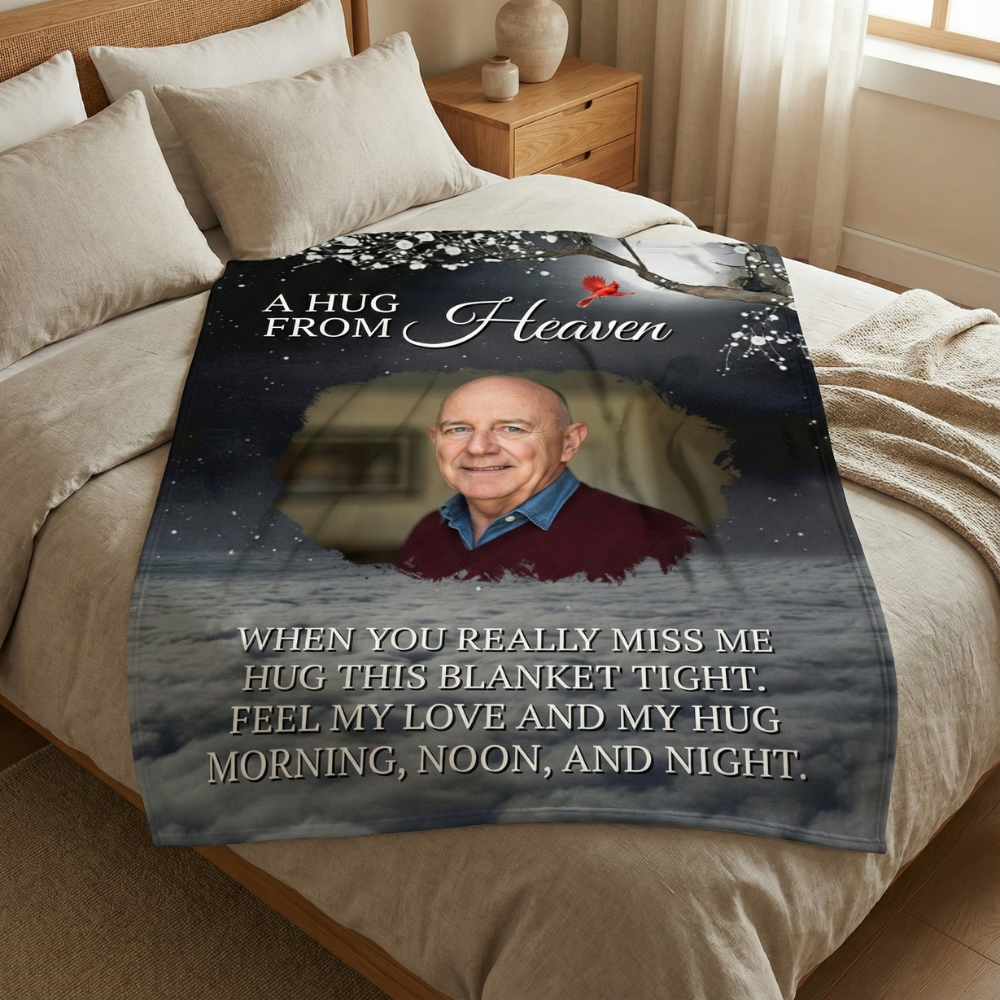 A Hug From Heaven Personalized Memorial Photo Blanket | Cardinal Night Sky Sympathy Gift for Loss