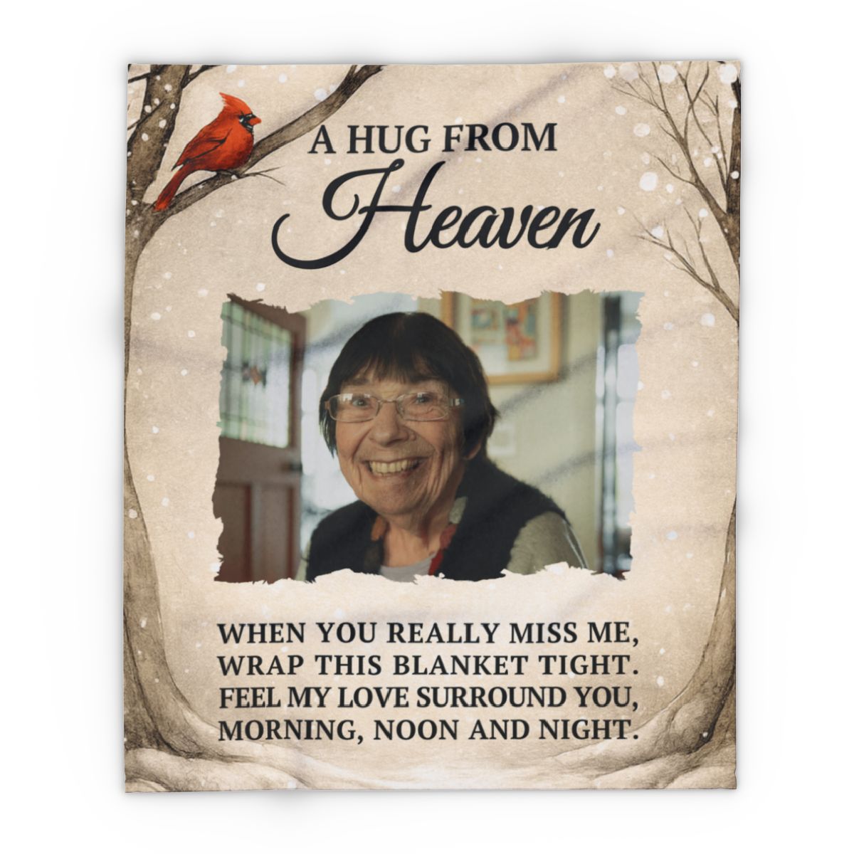 Memorial blanket with photo of a smiling person and text 'A Hug from Heaven' on a beige background.