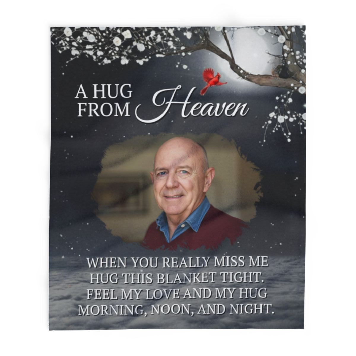 Memorial blanket with a photo of a person and text 'A Hug from Heaven' on a dark background.