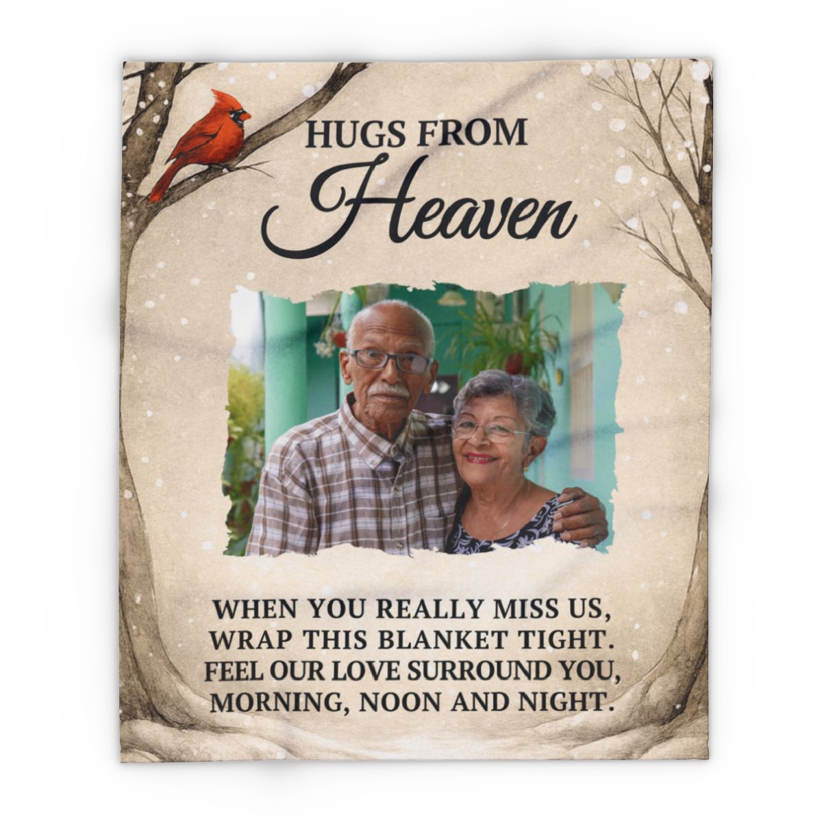 Blanket with a photo of an elderly couple and text 'Hugs from Heaven' on a nature-themed background.