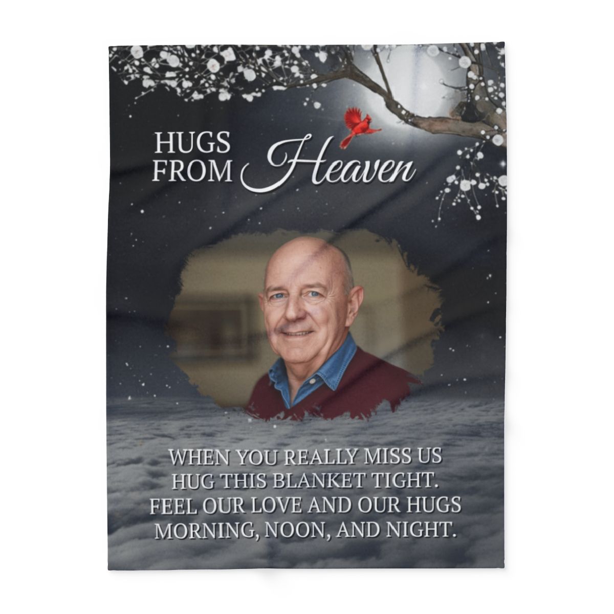 Memorial blanket with a photo of a man and text 'Hugs from Heaven' on a dark background.