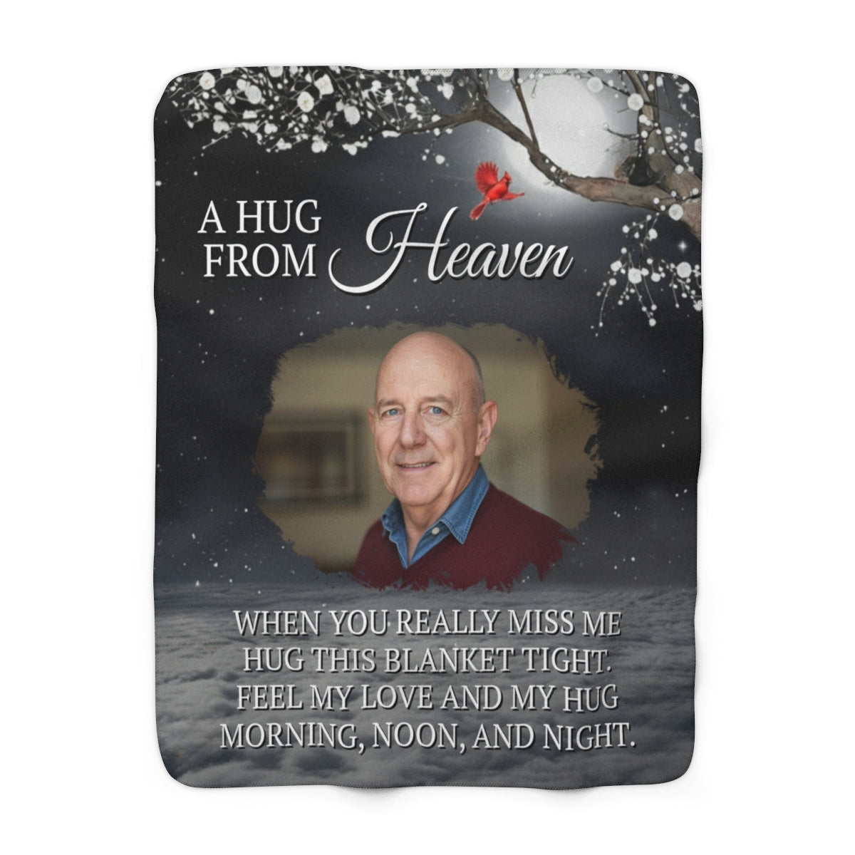 Memorial blanket with a photo of a man and text 'A Hug from Heaven' on a dark background with tree and bird design.