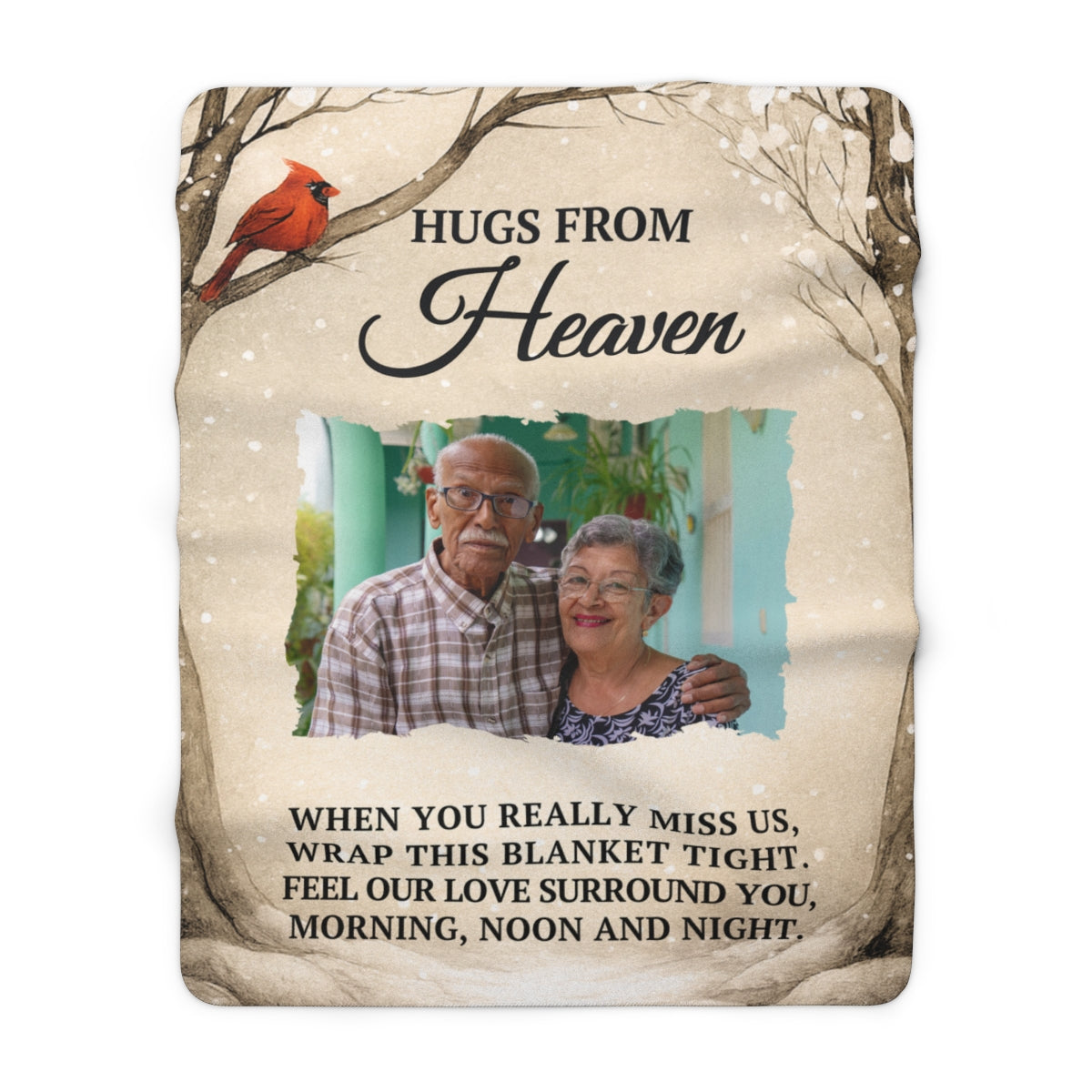 Blanket with an elderly couple photo and 'Hugs from Heaven' text on a natural background