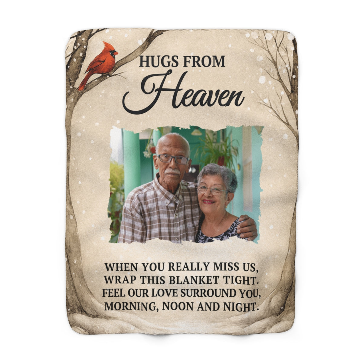 Blanket with a photo of an elderly couple and text 'Hugs from Heaven' on a white background