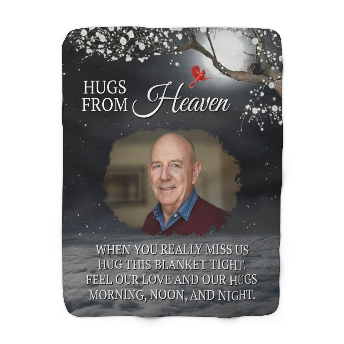 Memorial blanket with photo of a man and text 'Hugs from Heaven' on a dark background with tree and butterfly.