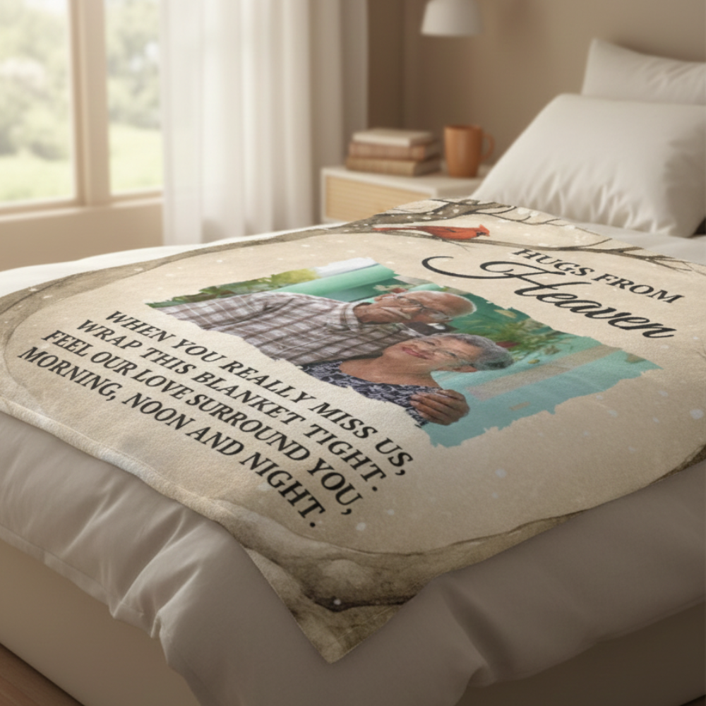 Personalized blanket with photo and text on a bed in a bedroom setting