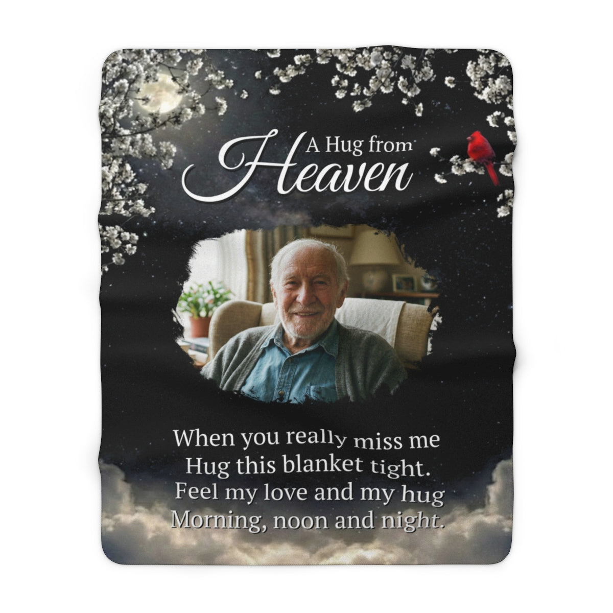 A Hug From Heaven Personalized Memorial Photo Blanket | Cardinal Night Sky Sympathy Gift