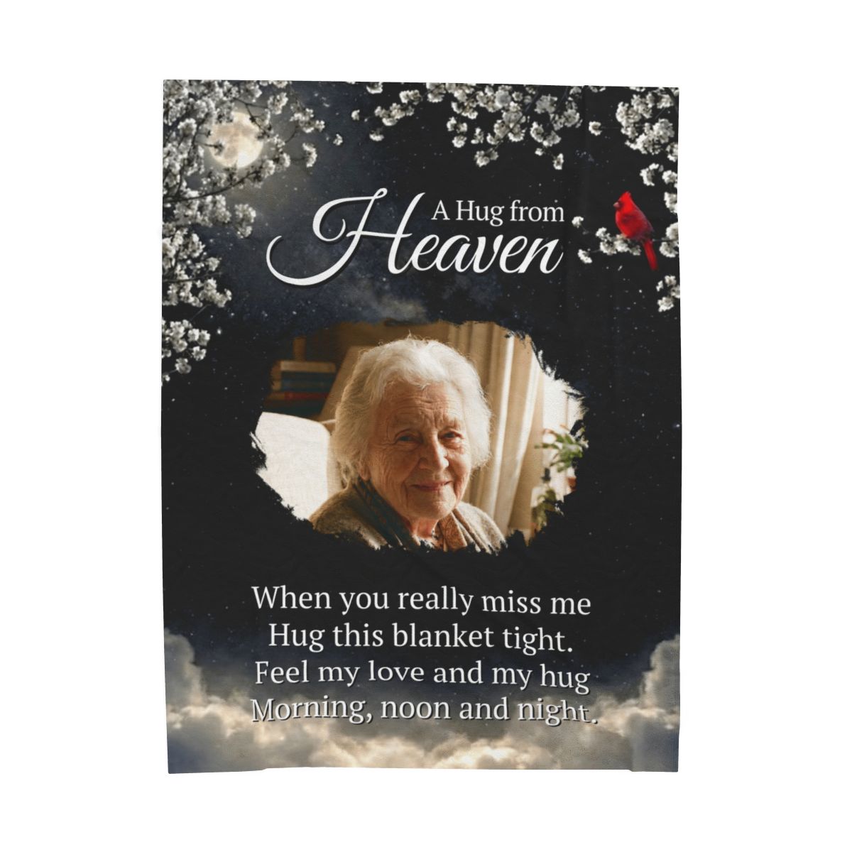 A Hug From Heaven Personalized Memorial Photo Blanket | Cardinal Night Sky Sympathy Gift