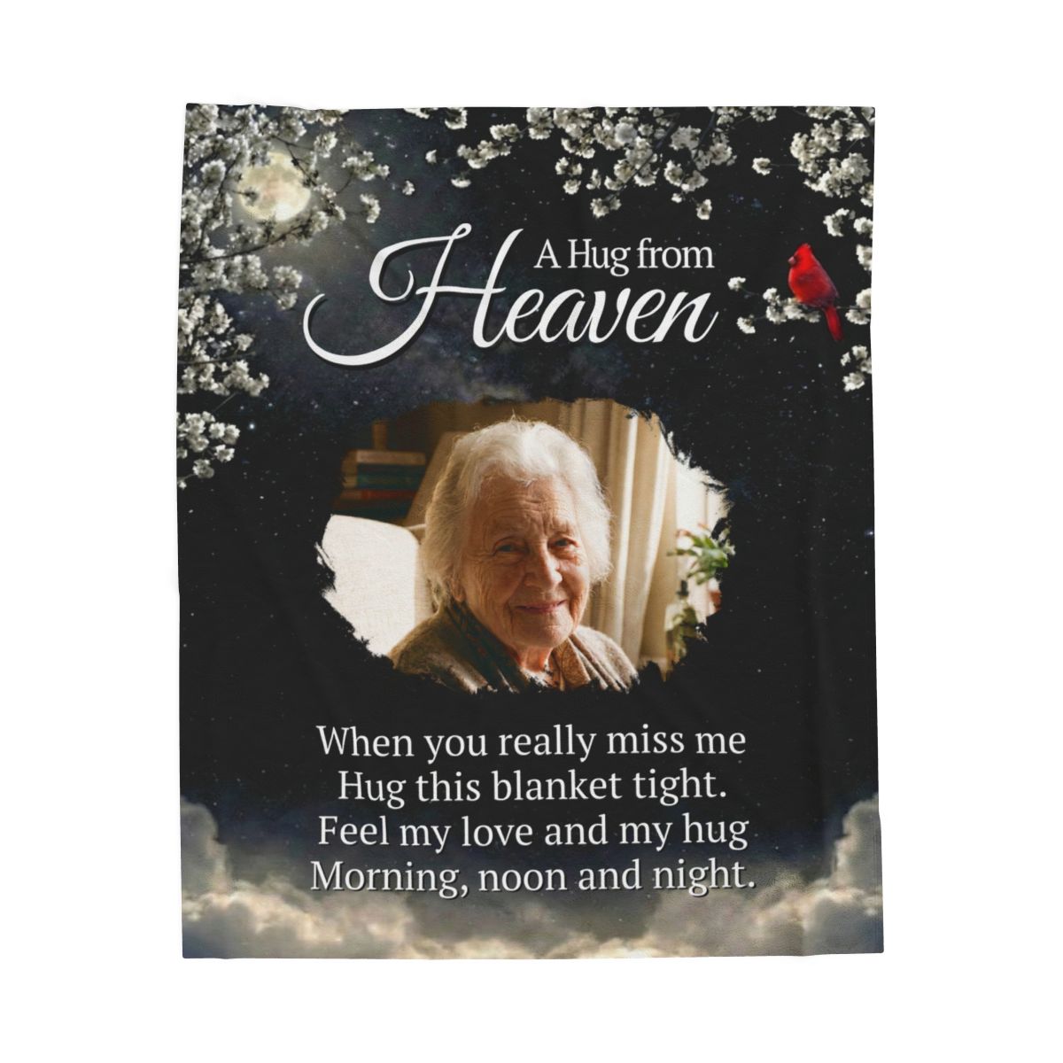 A Hug From Heaven Personalized Memorial Photo Blanket | Cardinal Night Sky Sympathy Gift