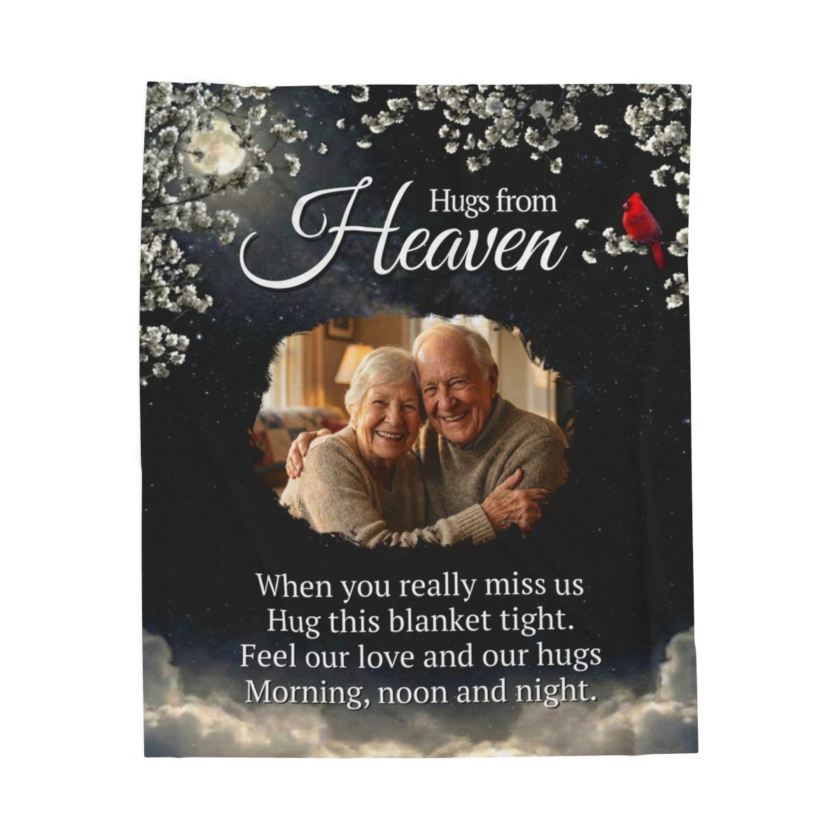 A Hug From Heaven Personalized Memorial Photo Blanket | Cardinal Night Sky Sympathy Gift