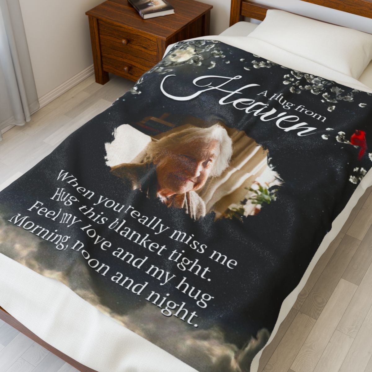 A Hug From Heaven Personalized Memorial Photo Blanket | Cardinal Night Sky Sympathy Gift