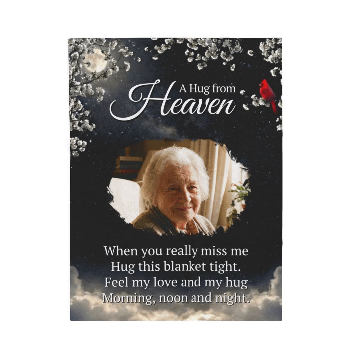 A Hug From Heaven Personalized Memorial Photo Blanket | Cardinal Night Sky Sympathy Gift