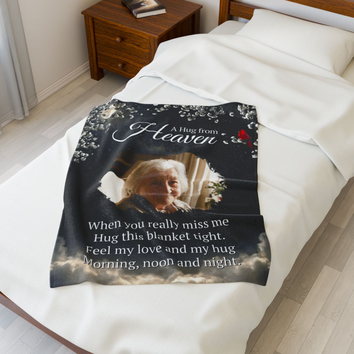 A Hug From Heaven Personalized Memorial Photo Blanket | Cardinal Night Sky Sympathy Gift